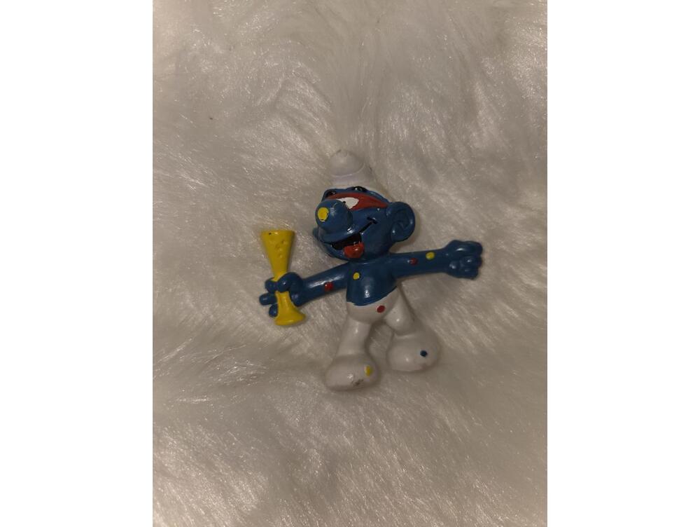 Vintage Carnival Smurf Figurine with Yellow Horn
